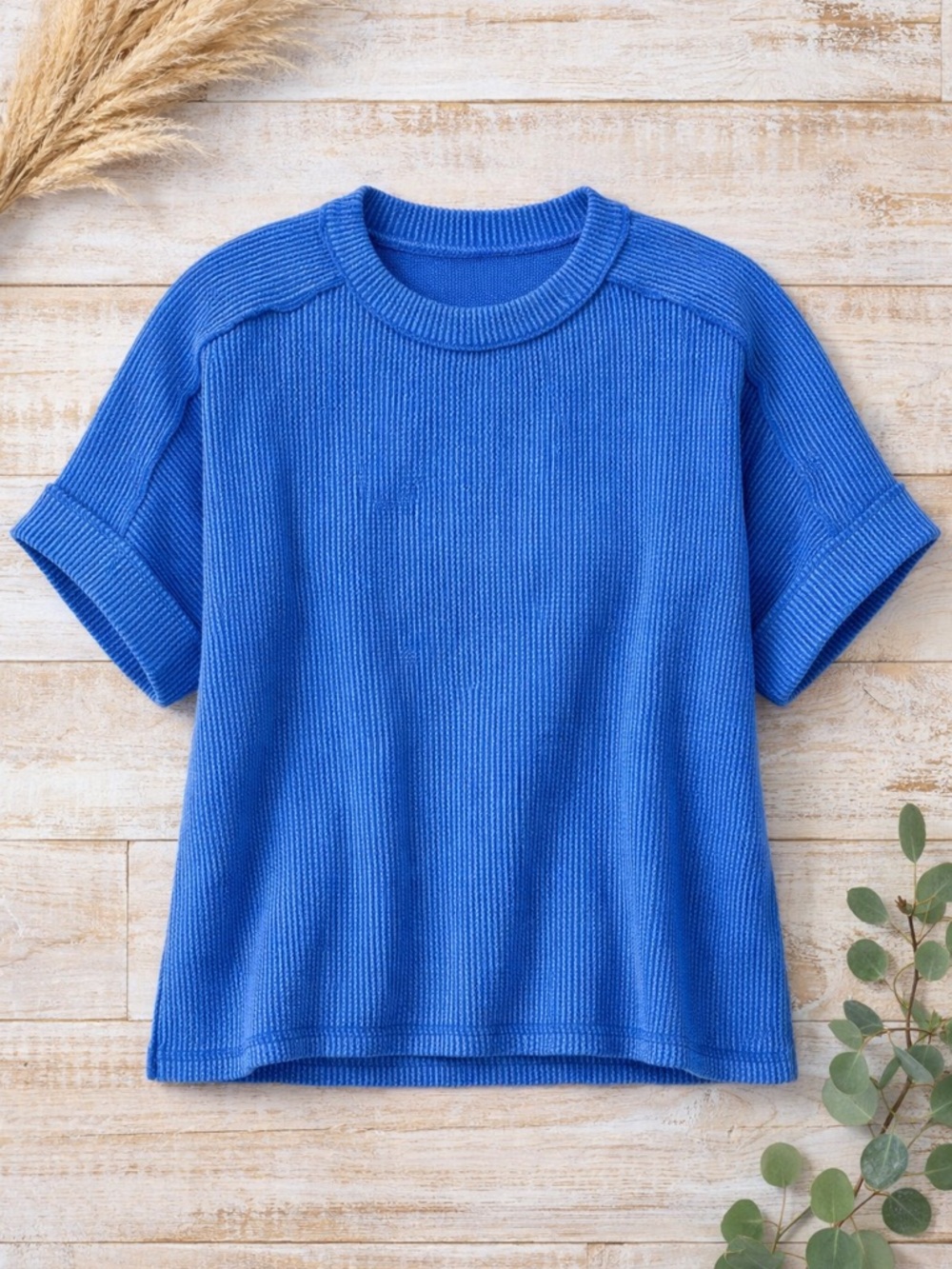 Zenana Blue Ribbed Knit Top L/XL Oversized Short Sleeve Sweater NWT